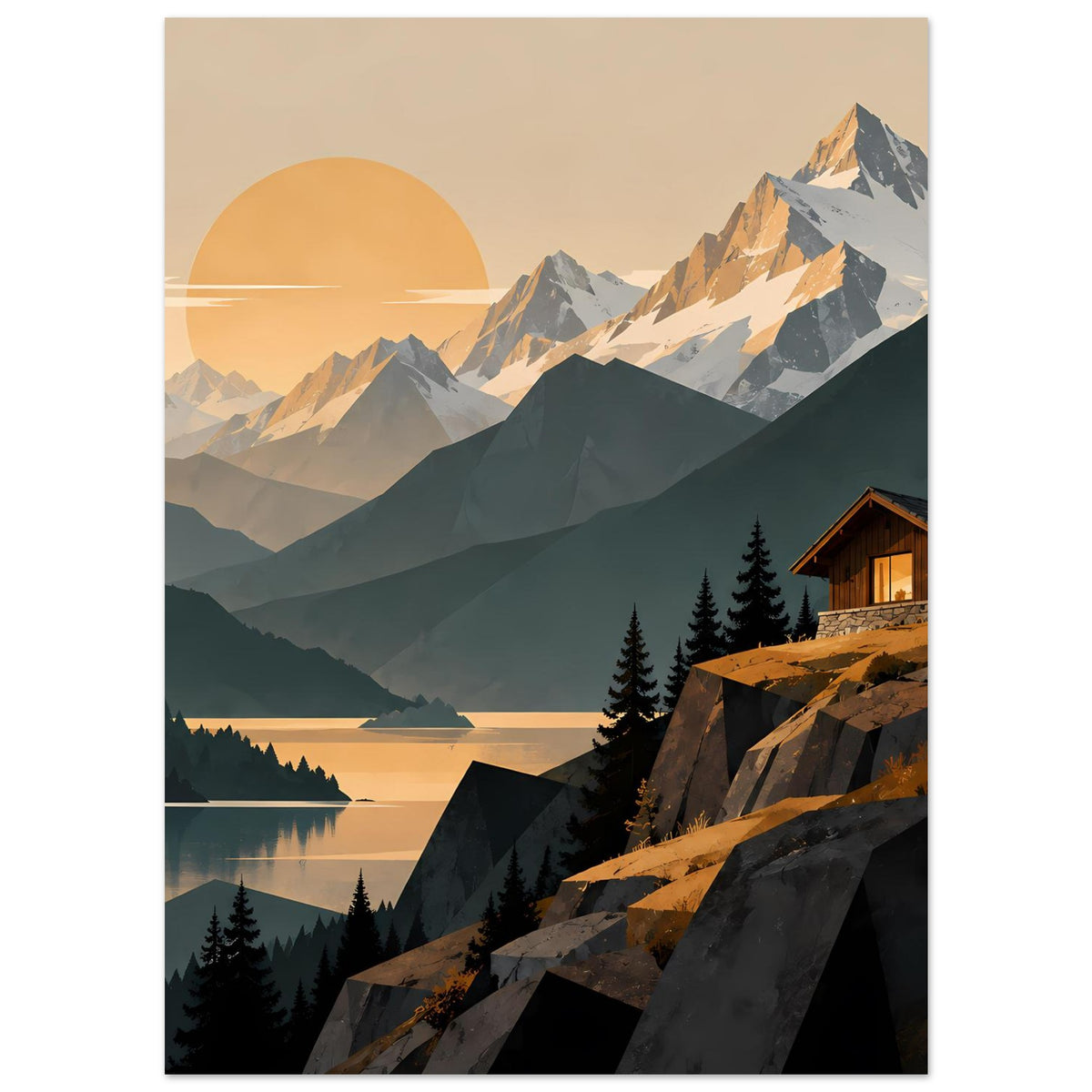 Wandposter Alpenlandschaft mit Sonnenuntergangsstimmung: Berge, See, Felsformationen und Hütte