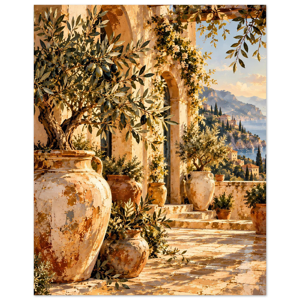 Poster zeigt mediterrane Terrasse mit Keramikvasen, Olivenzweigen und Talblick im Hintergrund