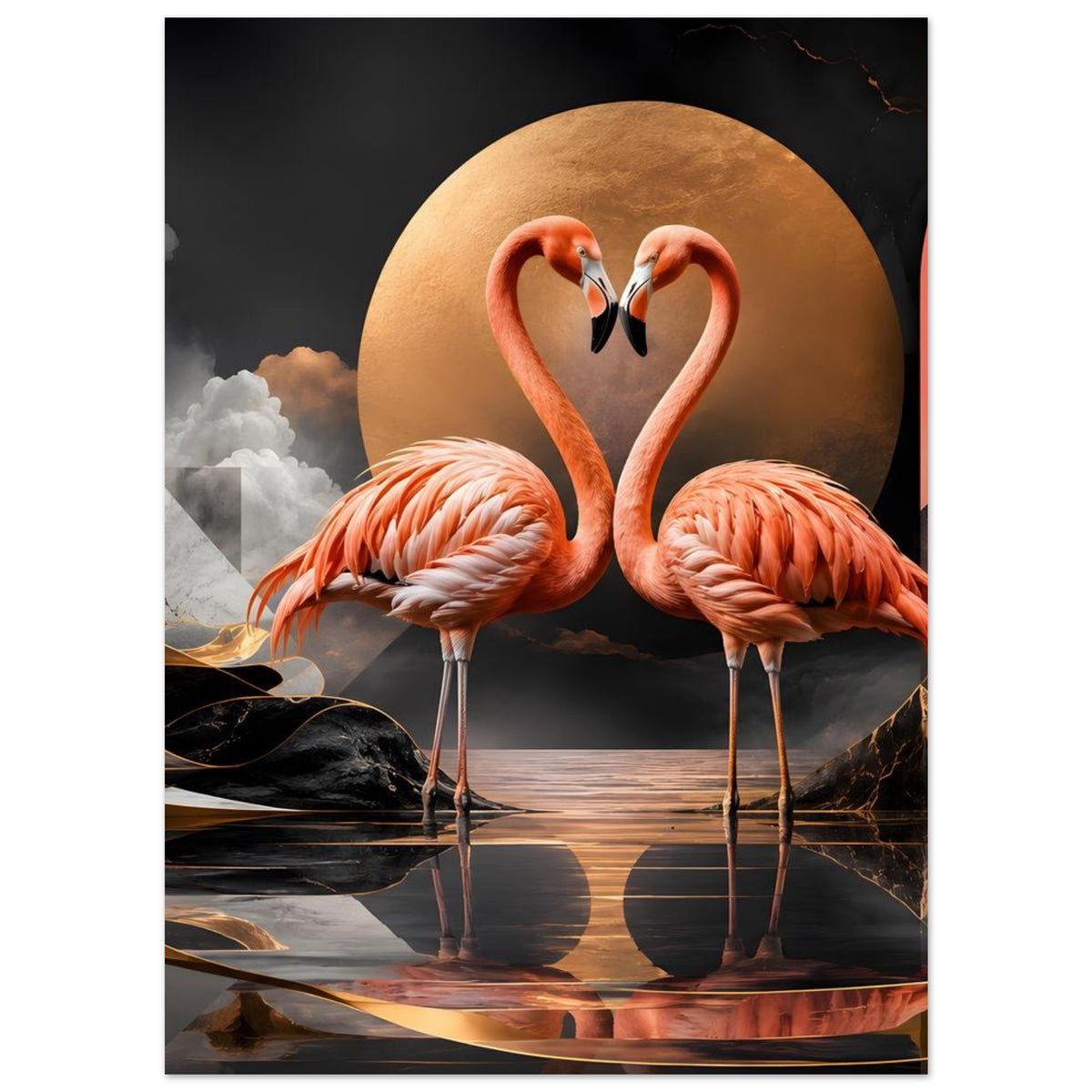 Vertikales Kunstposter mit zwei rosa Flamingos vor goldenem Halbkreis und schwarzer Fläche