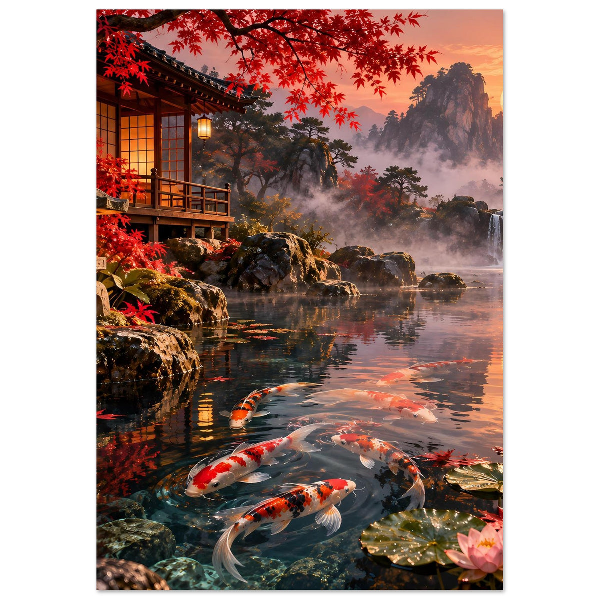 Poster (hochkant) mit Koi-Teich: Karpfen im Vordergrund, Wasserfall, Felsen, rote Ahornblätter.