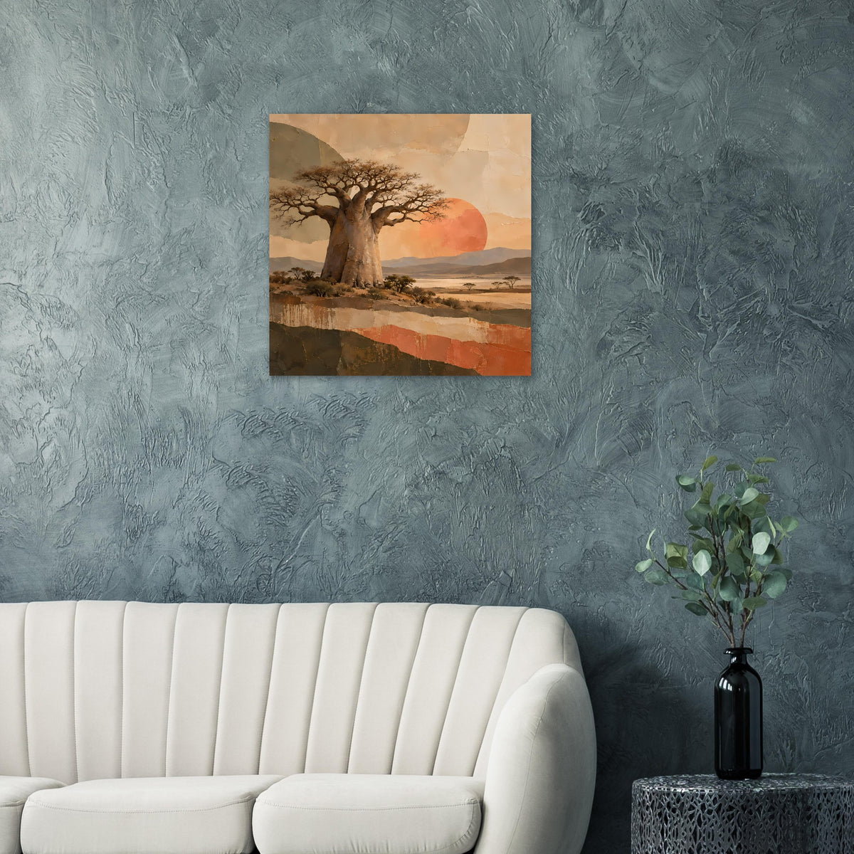 Naturposter mit Baobabbaum auf felsigem Ufer, roter Sonne und afrikanischer Savanne