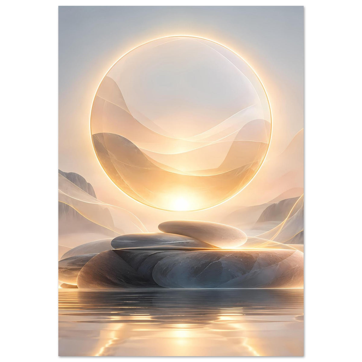 Abstraktes Poster mit leuchtendem Ring über Sandwellen und dunklen Steinformen, goldene Reflexe