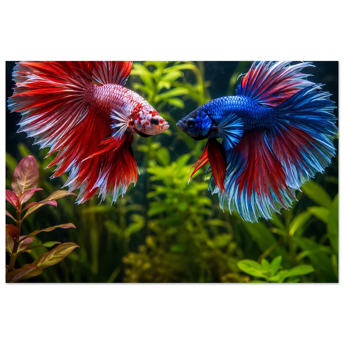 Poster mit zwei Betta-Fischen, roter und blauer Flosse, im Querformat