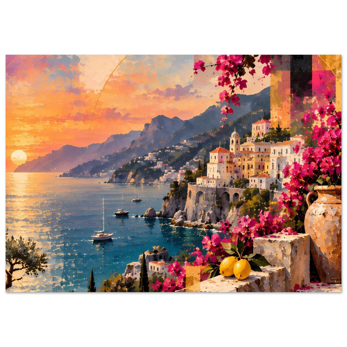 Querformat-Poster mit Küstenlandschaft, Segelbooten, pinken Blütenranken und gelben Früchten