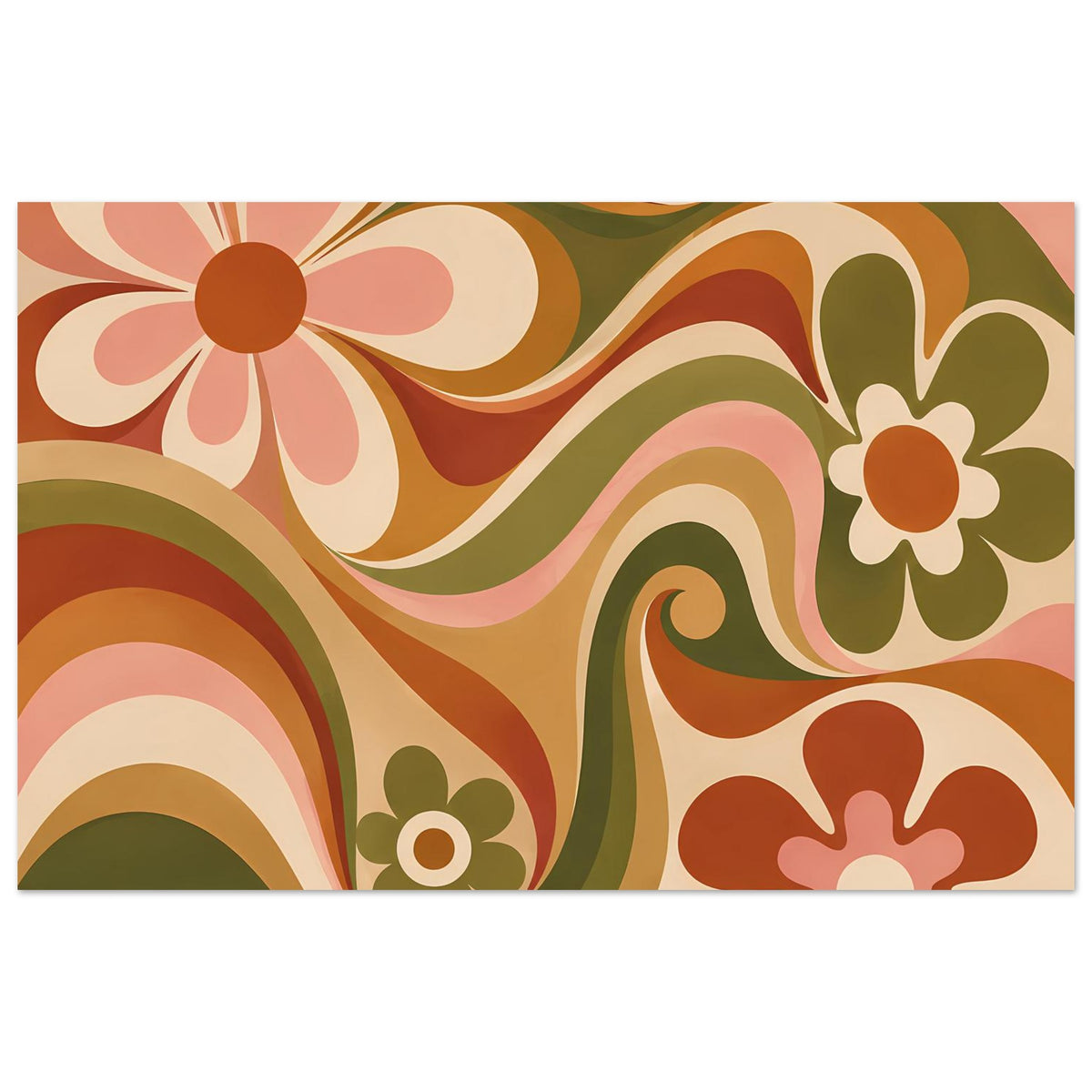 Florales Retro-Poster im Wellenwirbel-Stil mit Blüten in Olivgrün und Orange, horizontal