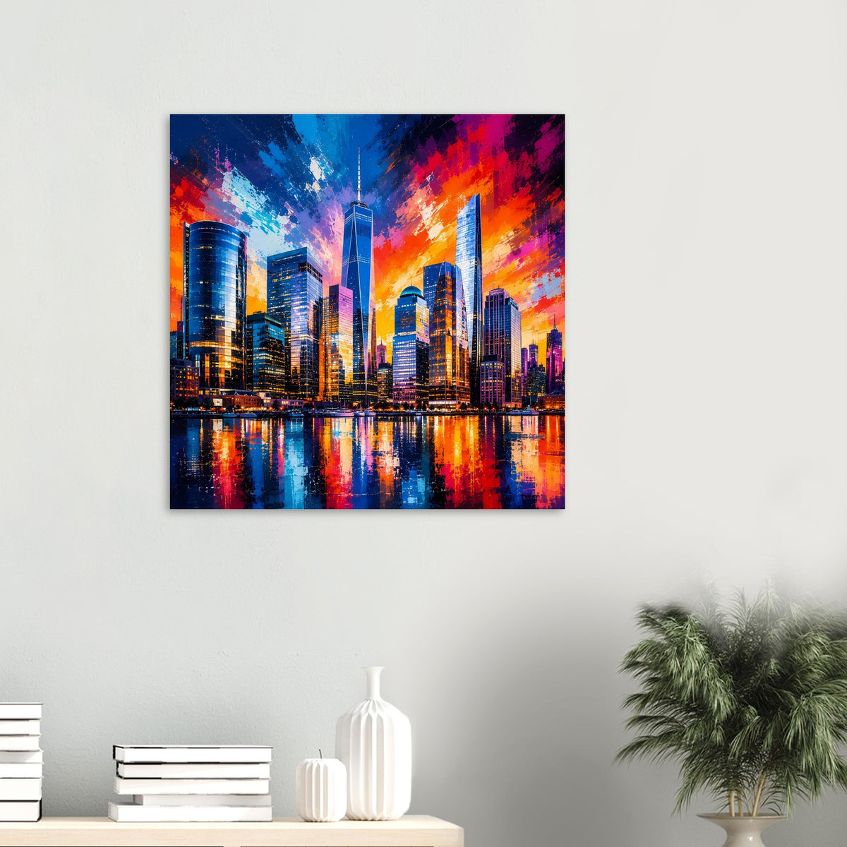 Wandposter im Querformat: bunte Skyline mit Wasserreflexen und leuchtender Farbfläche