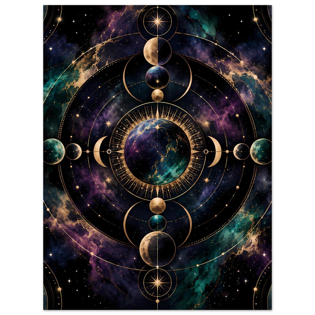 Poster mit sternenartigen Punkten, goldenen Kreisen und schwebenden Planetenkugeln