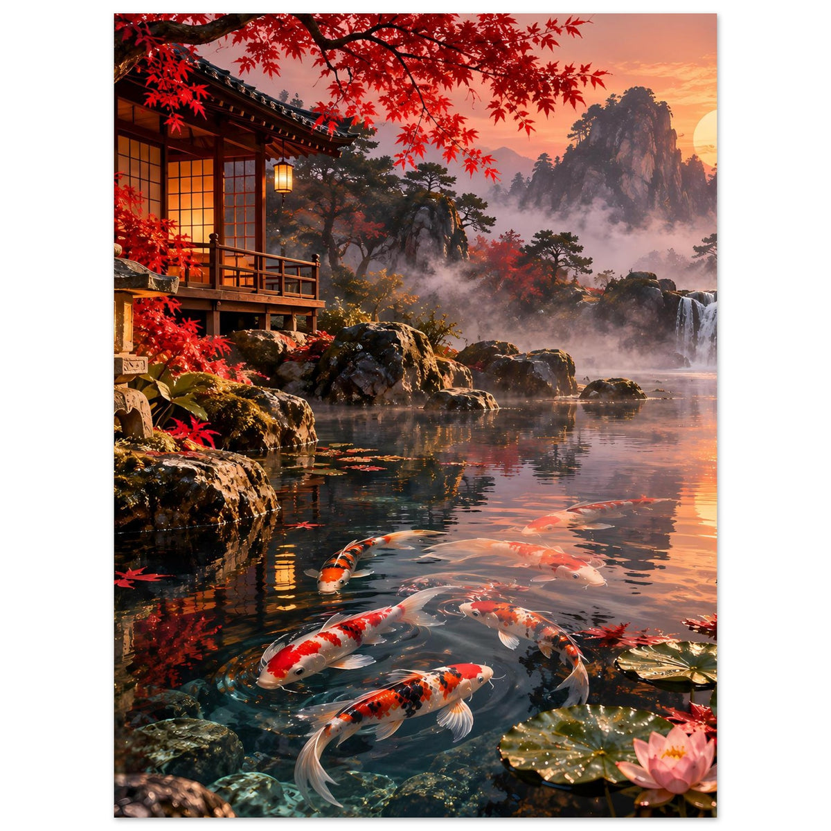 Poster (hochkant) mit Koi-Teich: Karpfen am Ufer, Wasserfall im Hintergrund, Felsen und Laterne.