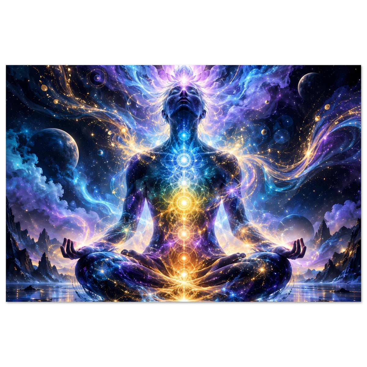 Spirituelles Poster mit meditierender Chakra-Figur im Querformat, leuchtende Chakren im Rücken