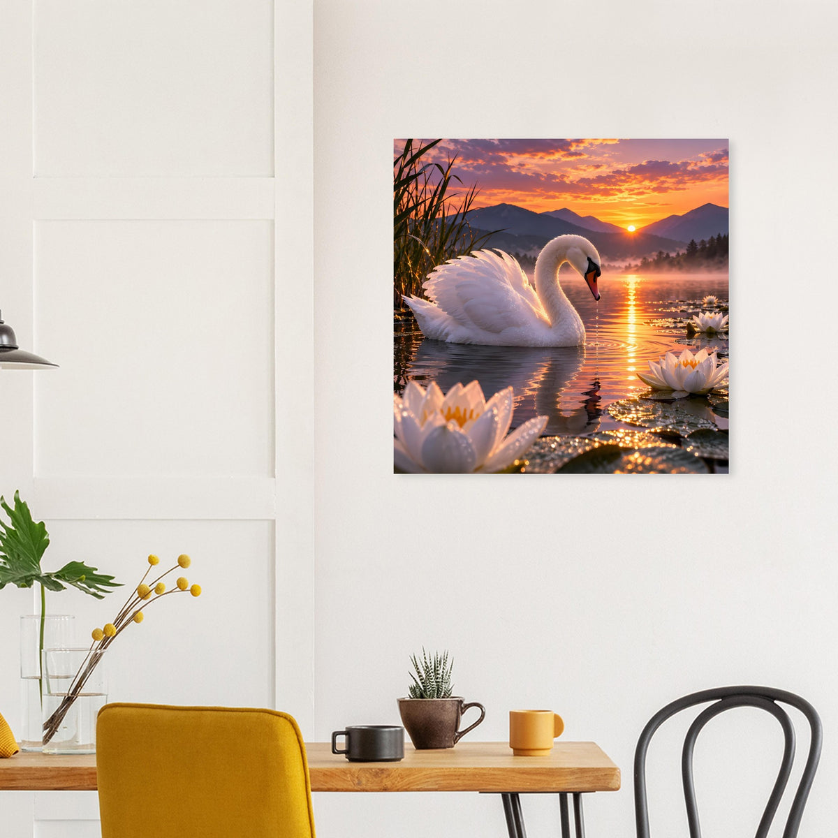 Quadratisches Poster mit weißem Schwan im Wasser, Seerosen und untergehender Sonne