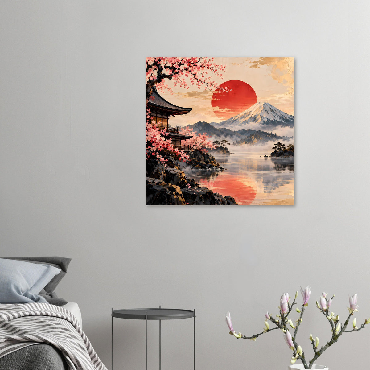 Zen-Serenity-Poster, kleiner Ausschnitt: Pagode, Kirschblüten, Fuji, roter Sonnenbogen im See