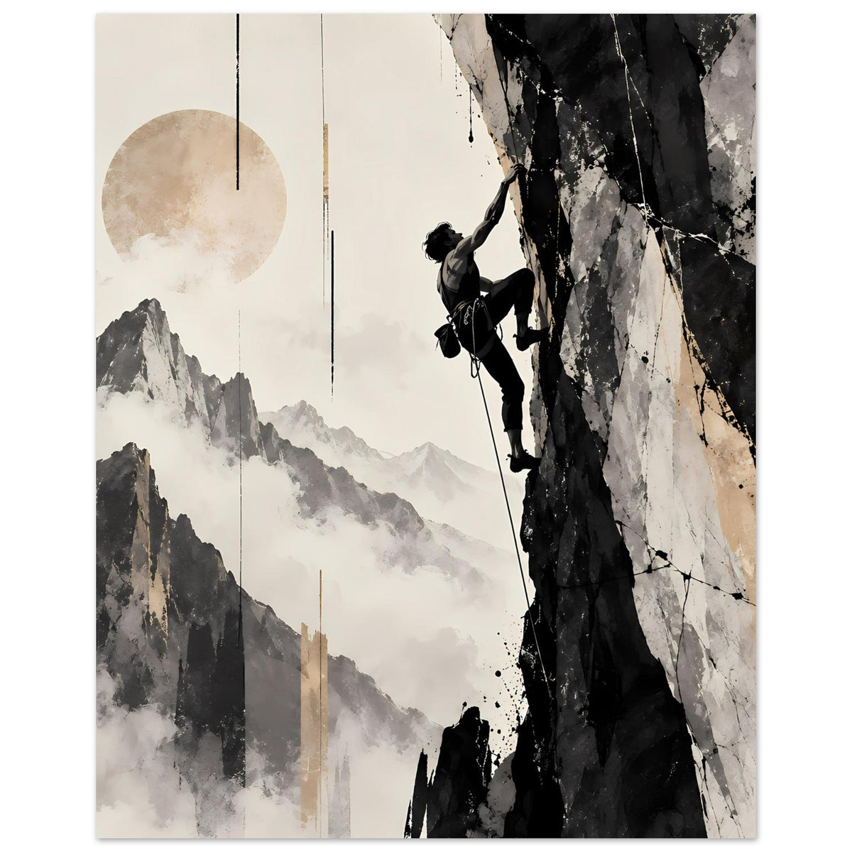 Vertikales Poster: Bergsteiger am Fels, Nebelberge im Hintergrund, Schwarz-Weiß mit beigem Kreis