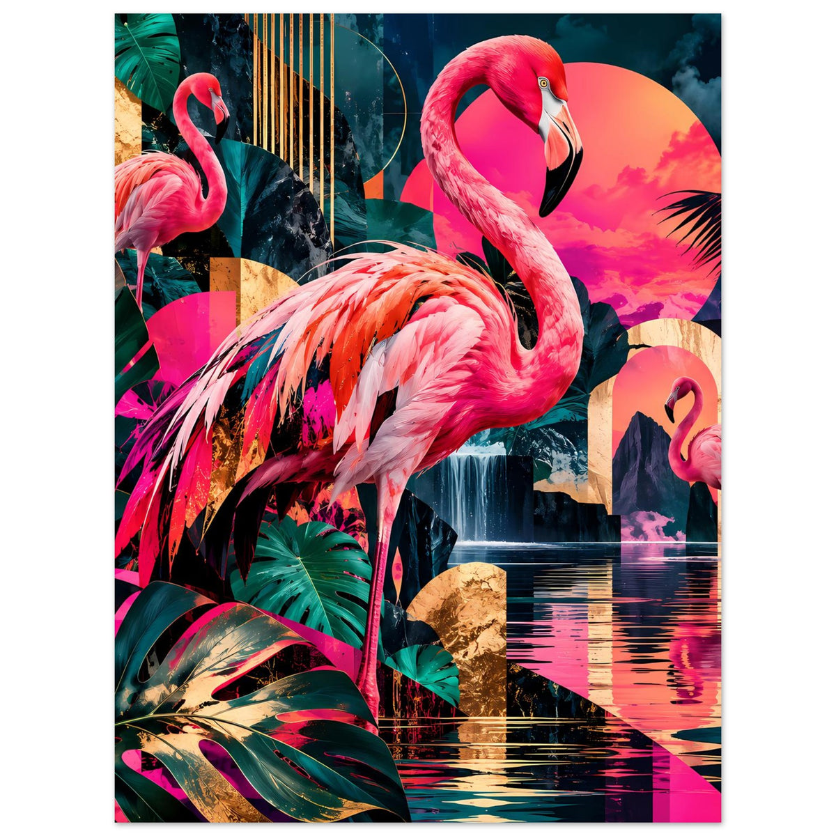 Flamingo-Poster mit zwei pinken Flamingos, Palmen und Spiegelung, Hochformat