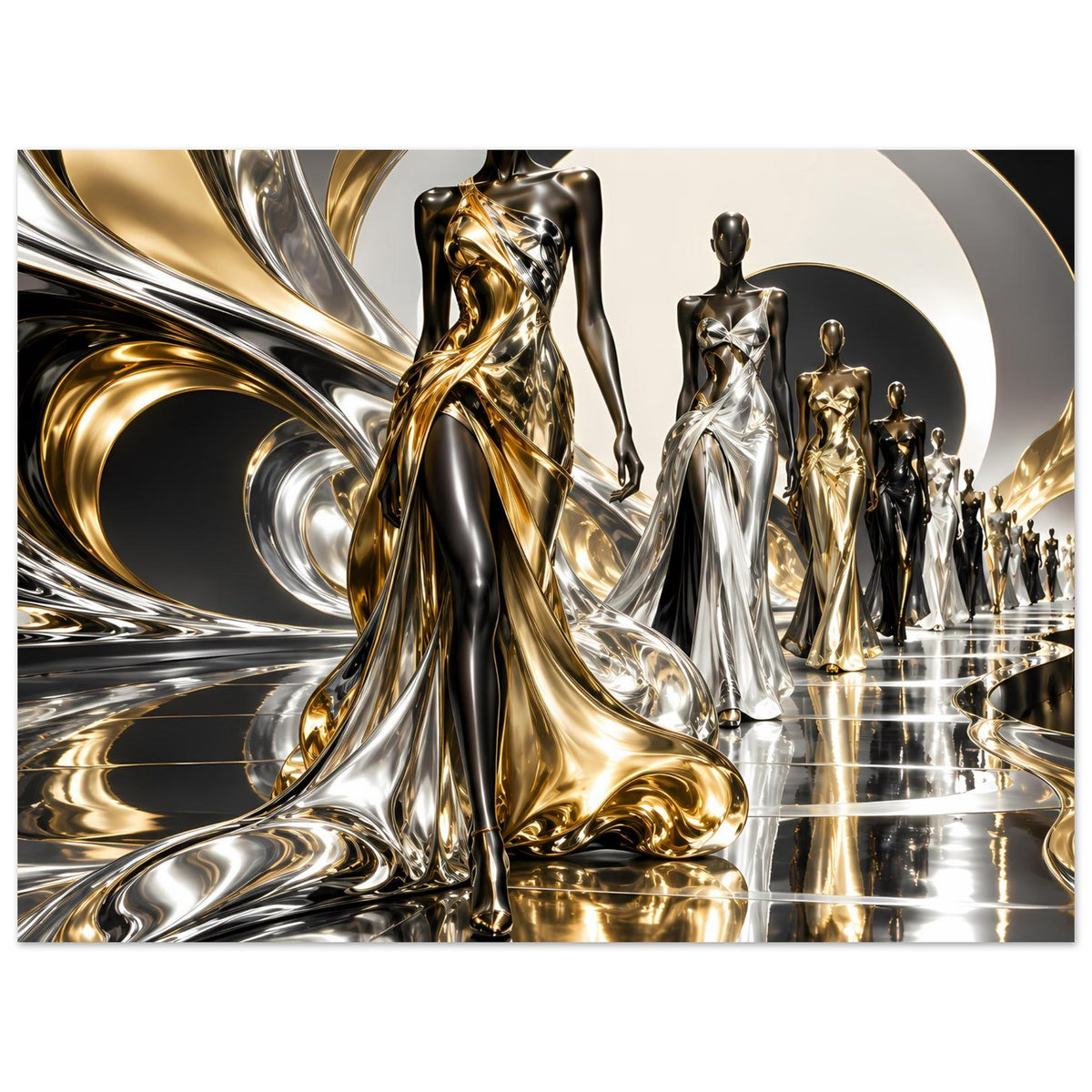 Gold- und Silberfarbenes Poster mit Figurengruppe, dynamischen Metallwellen und glänzenden Reflexen