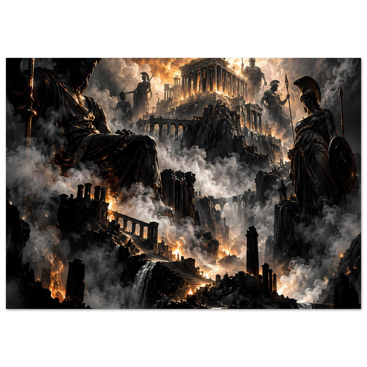 Fantasy-Poster im Querformat: Naher Blick auf Krieger, zentrale Anlage, Wolken und Fackeln