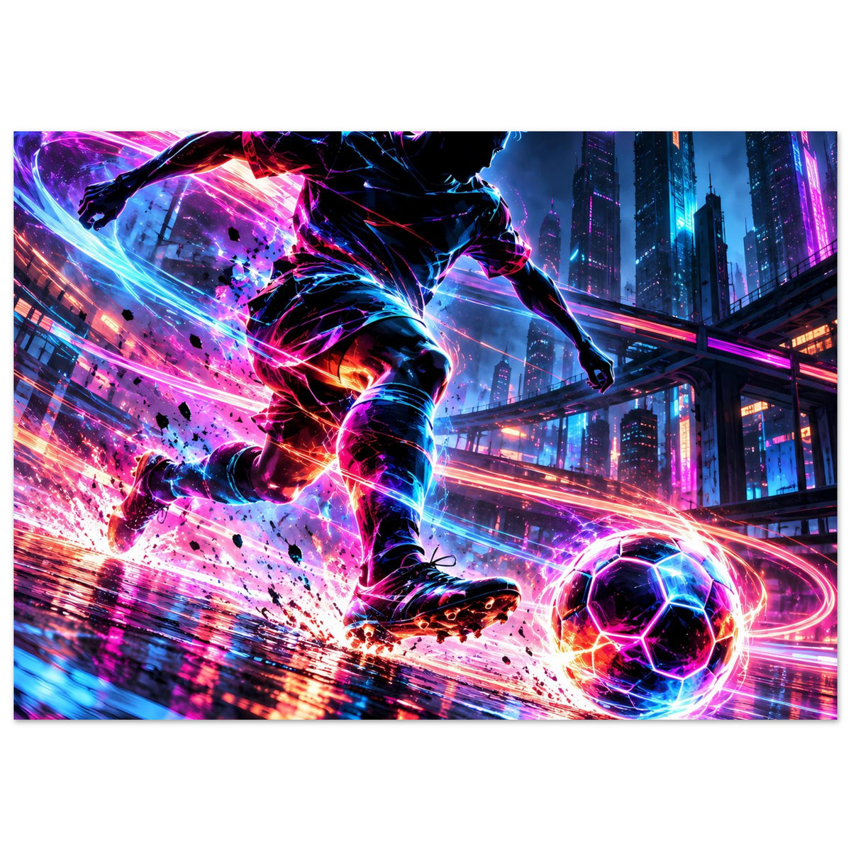 Neon-Fußball-Actionposter mit Spielerfigur, futuristischen Neon-Linien und leuchtendem Fußball
