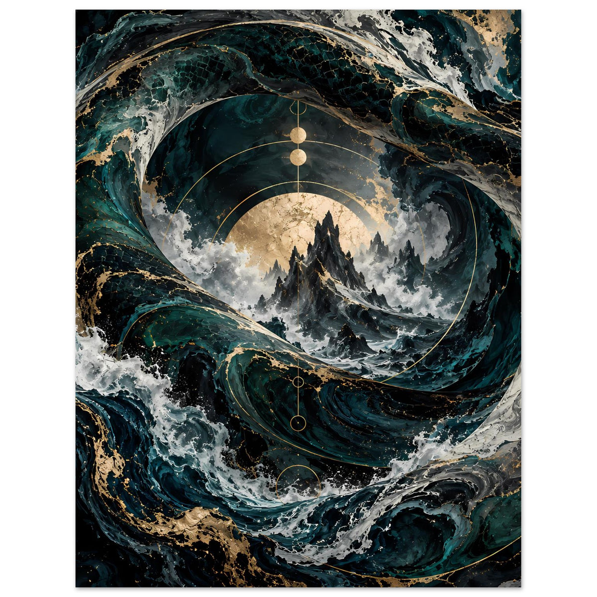 Meerwirbel-Poster mit Ozeanspirale, silbrig-weißen Wellen und goldenen Ringen über Bergkamm