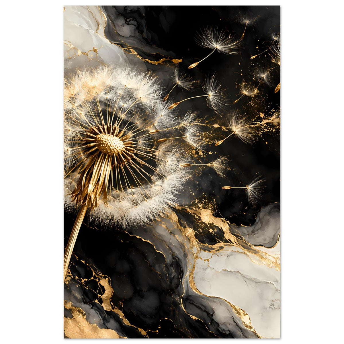 Poster-Print: Löwenzahn mit goldenen Funken vor Schwarz und weiß-goldener Marmoroptik