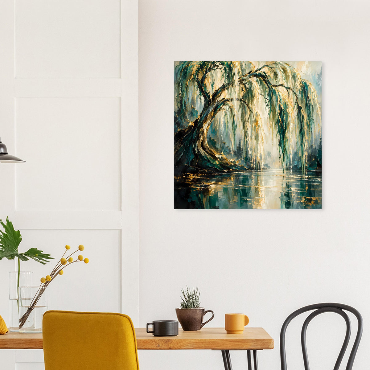 Quadratisches Poster mit Weidenbaum-Szene, goldenen Zweigen und Spiegelung im Wasser