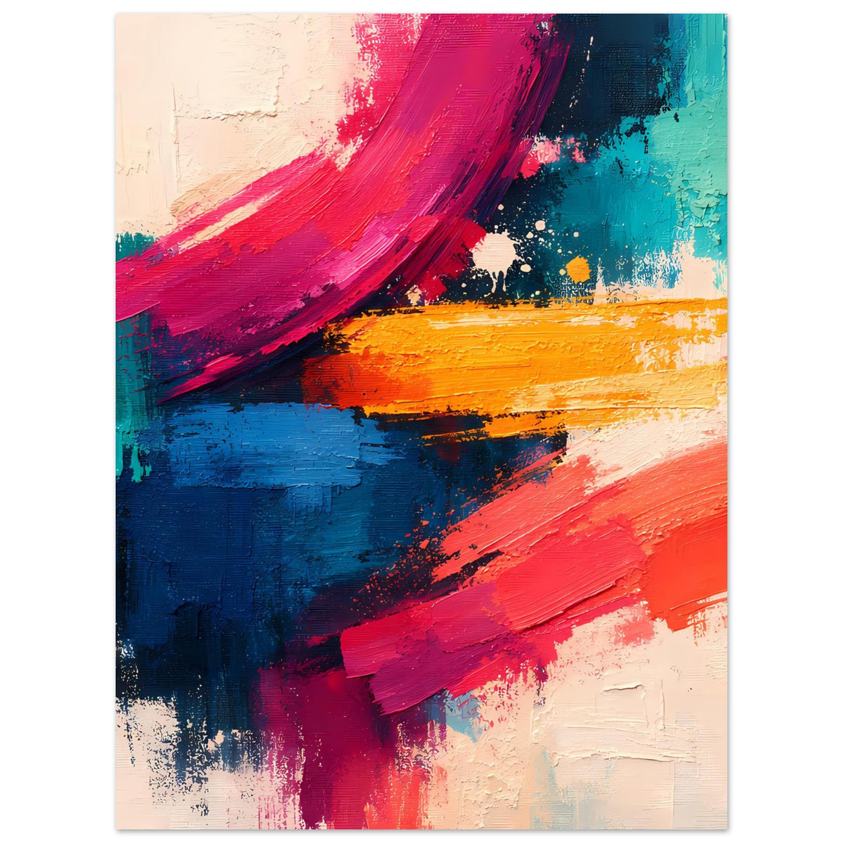 Abstrakter Poster-Druck mit breiten Pinselstrichen in Pink, Blau, Türkis und Orange