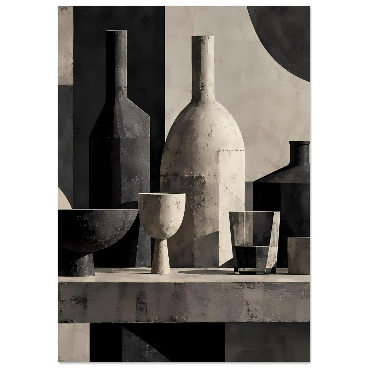 Poster, geometrisches Stillleben: schwarze und helle Flaschen, Becher und Schale mit Bogen oben