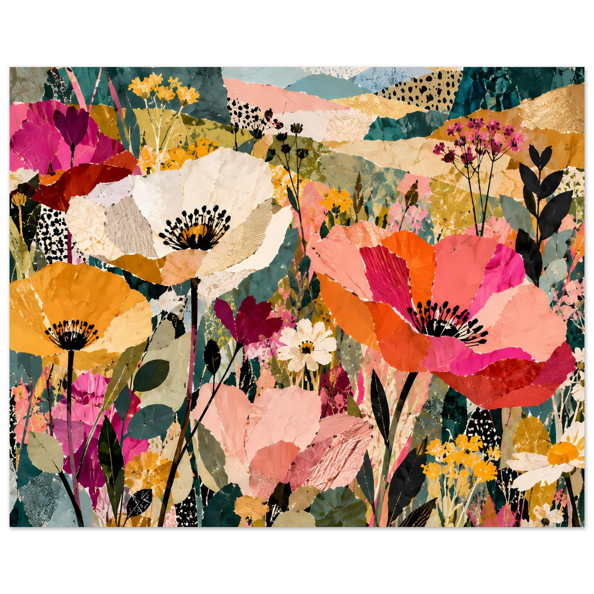 Blumen-Collage-Poster mit großen Blütenformen in Pink, Orange und Grün im Querformat