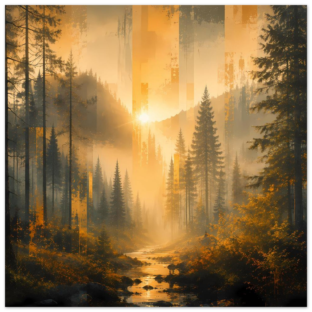 Wandposter mit goldenem Sonnenaufgang über Tannenwald und Bach, Nebel im Hintergrund, mit Rahmen