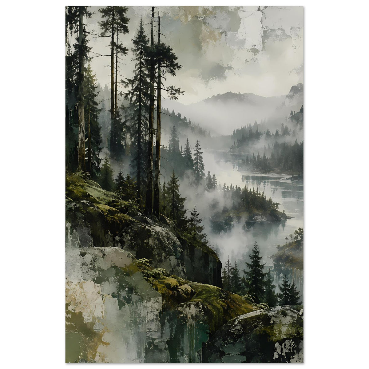 Hochformat-Poster: nebliger Wald mit Fluss und Bergen, matte Premiumpapier-Anmutung