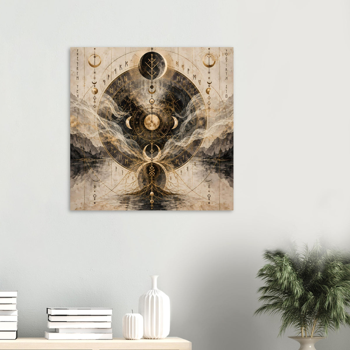 Poster im Querformat mit goldfarbenem Mondmandala, Kreislinien und dunklen Schleierdetails