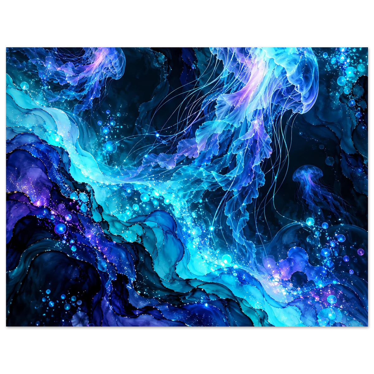 Breites Quallenposter mit leuchtenden blauen und violetten Quallen sowie Glitzerblasen