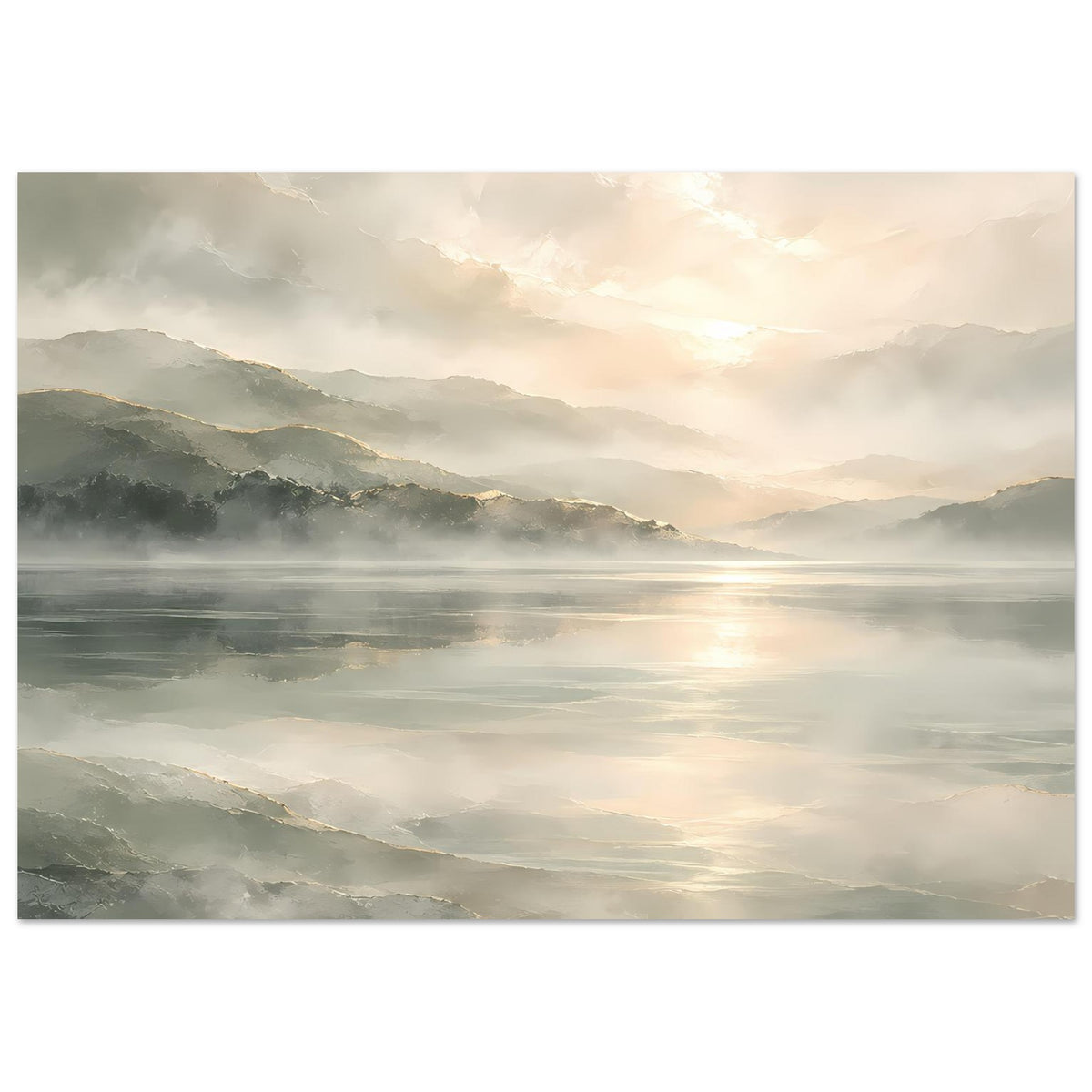 Horizontales Poster mit Landschaftsfoto-Optik: Berge, Nebel und Sonnenreflexe, matt