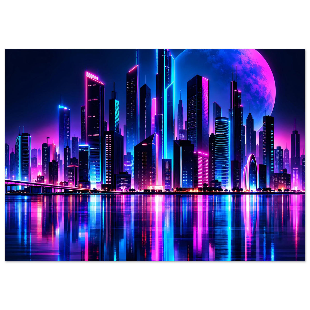 Neon-Stadtlandschafts-Poster mit leuchtender Skyline, blauem Mond und spiegelndem Wasser