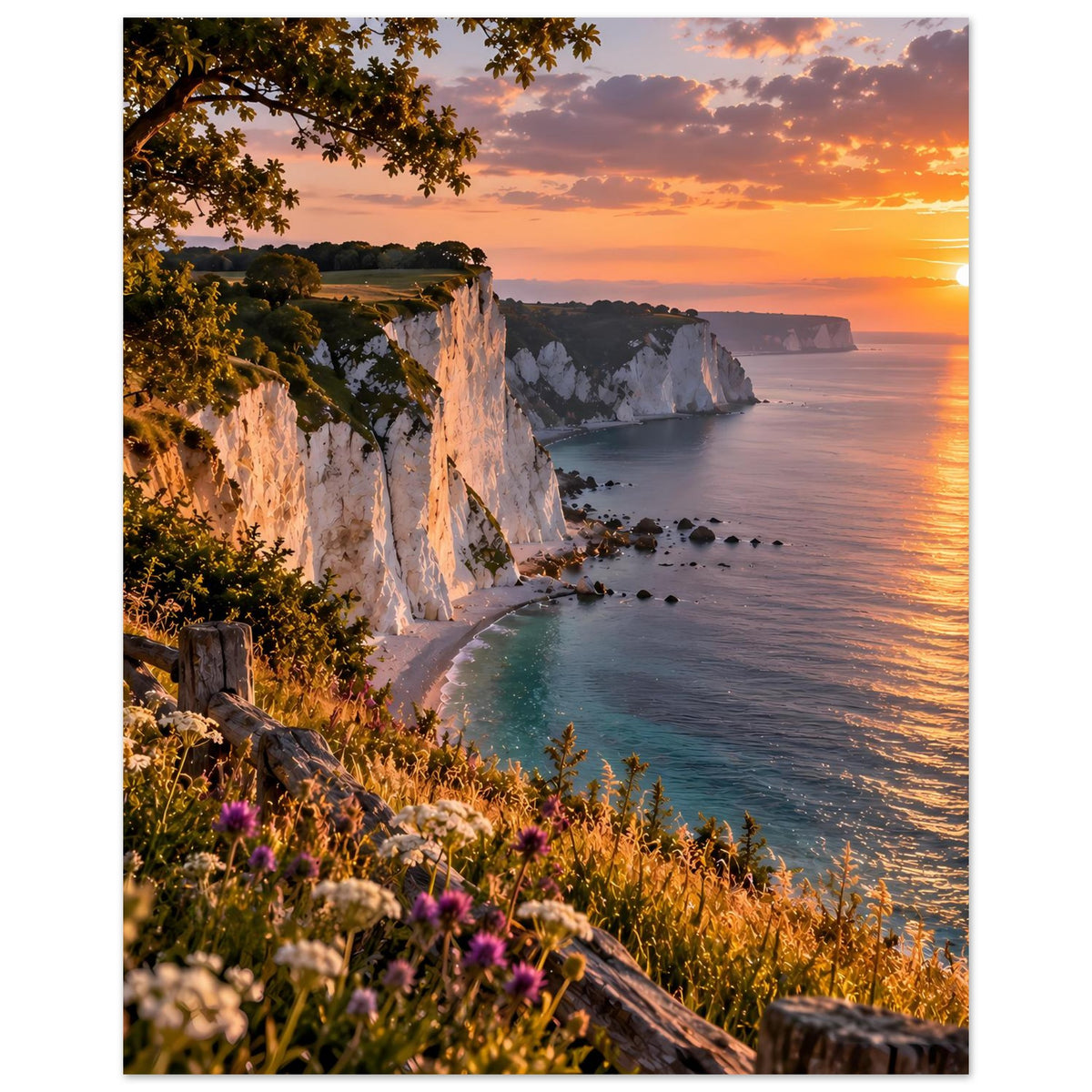 Poster: weiße Kreidefelsen entlang des Ufers, Wiesenblumen und Sonnenuntergang am Meer