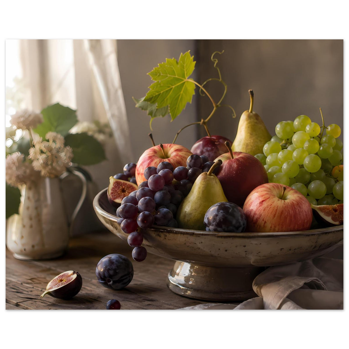 Breites Poster mit Obstschale: Trauben, Äpfel und Birne; gelbe Weintrauben rechts sichtbar