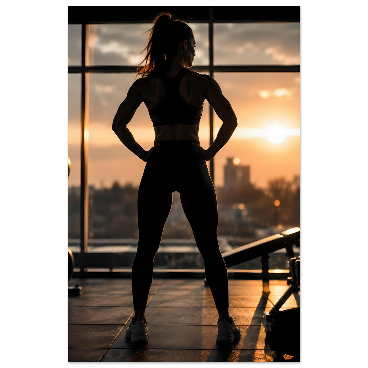 Poster mit Sportlerin-Silhouette im Fitnessstudio, Standpose vor großem Fenster