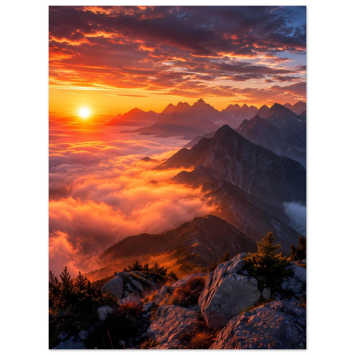 Gerahmtes Poster im Hochformat mit Bergpanorama bei Sonnenuntergang, Sonnenlicht über Nebelwolken