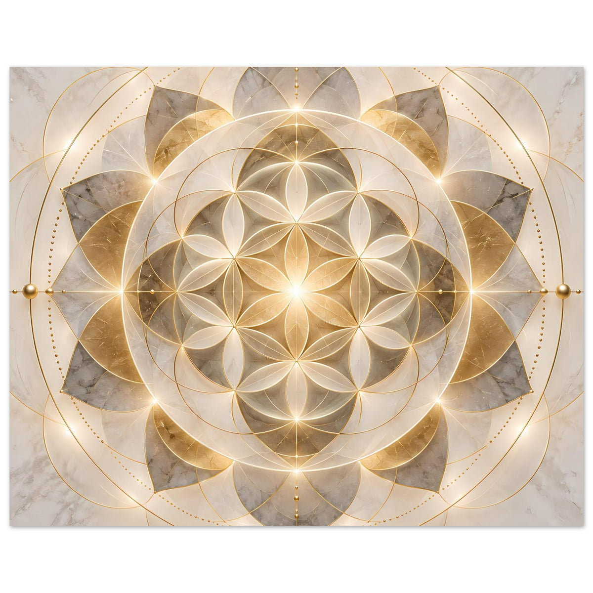 Goldenes Mandala-Ornament-Poster mit leuchtender Blume des Lebens und goldenen Rahmenlinien