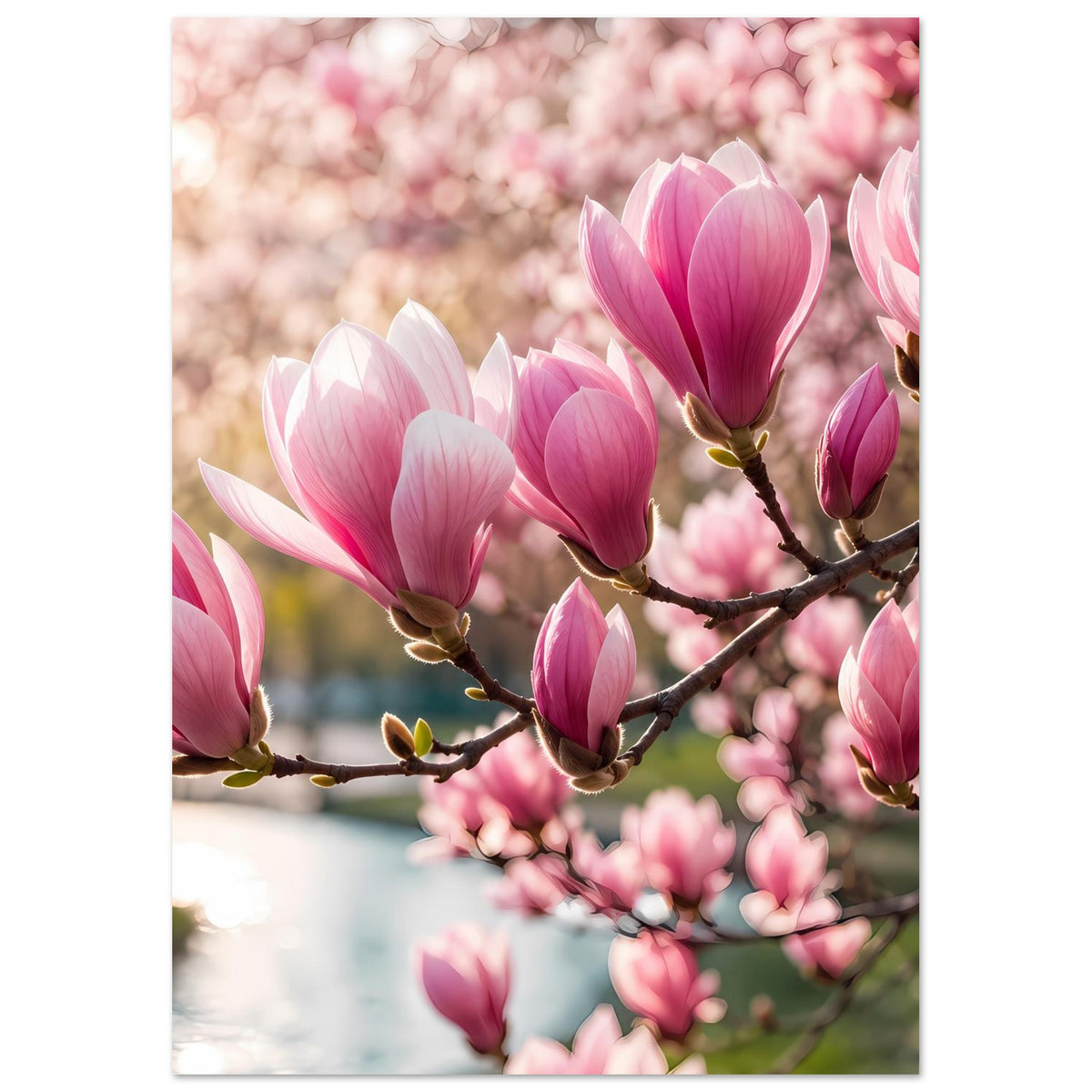 Blumenposter mit rosa Magnolienblüten auf dunklem, verzweigtem Ast