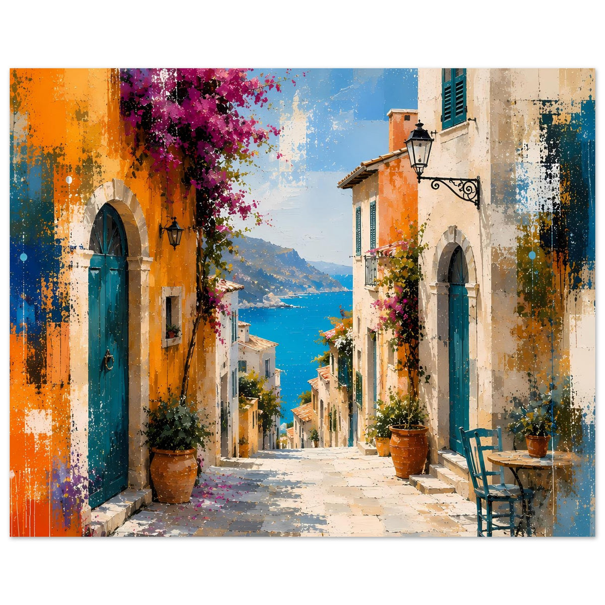 Mediterraner Straßen-Poster mit Gasse, Meerblick, bunten Farben und Pflanzentöpfen