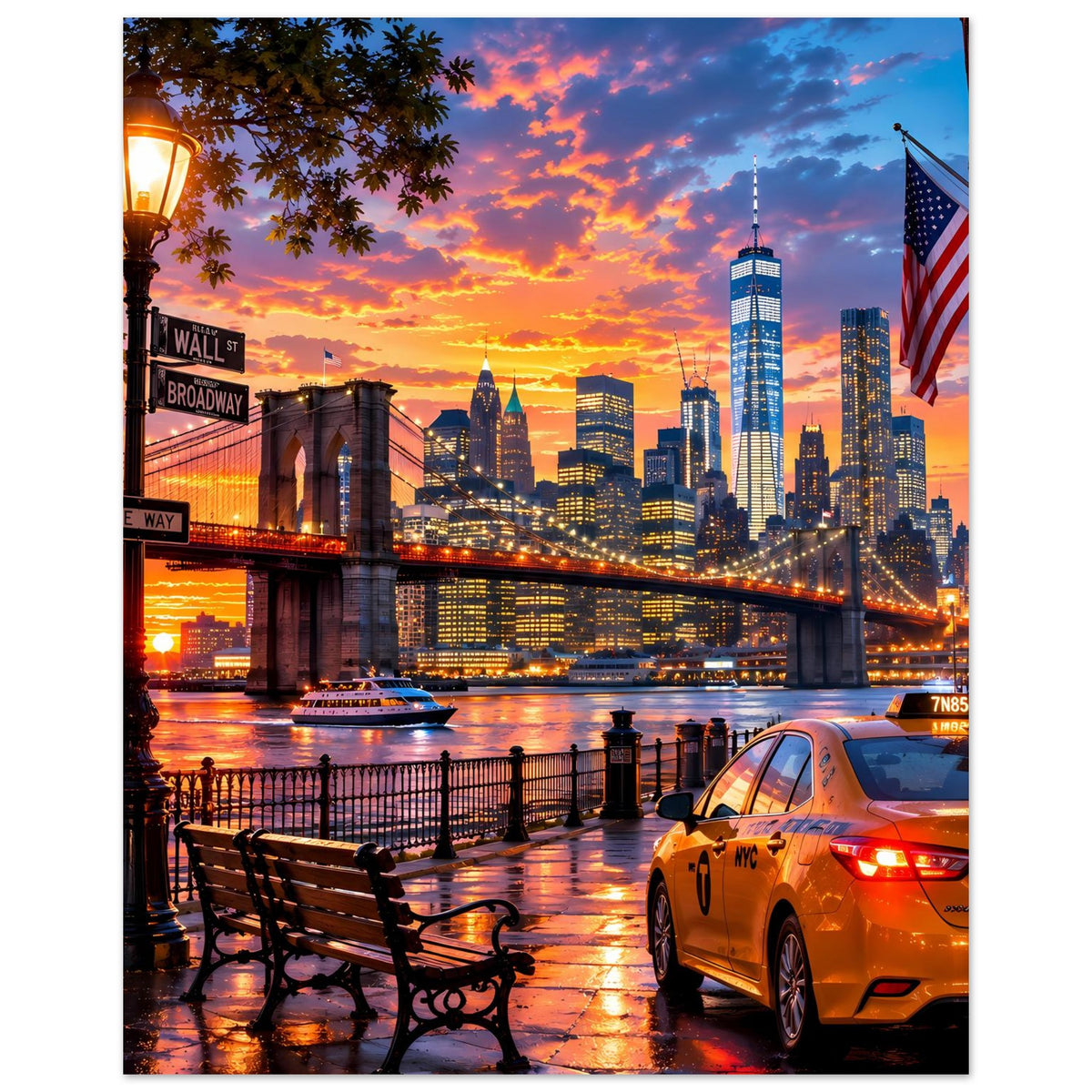 Stadtansicht-Poster mit New-York-Skyline bei Sonnenuntergang, Promenade und gelbes Taxi