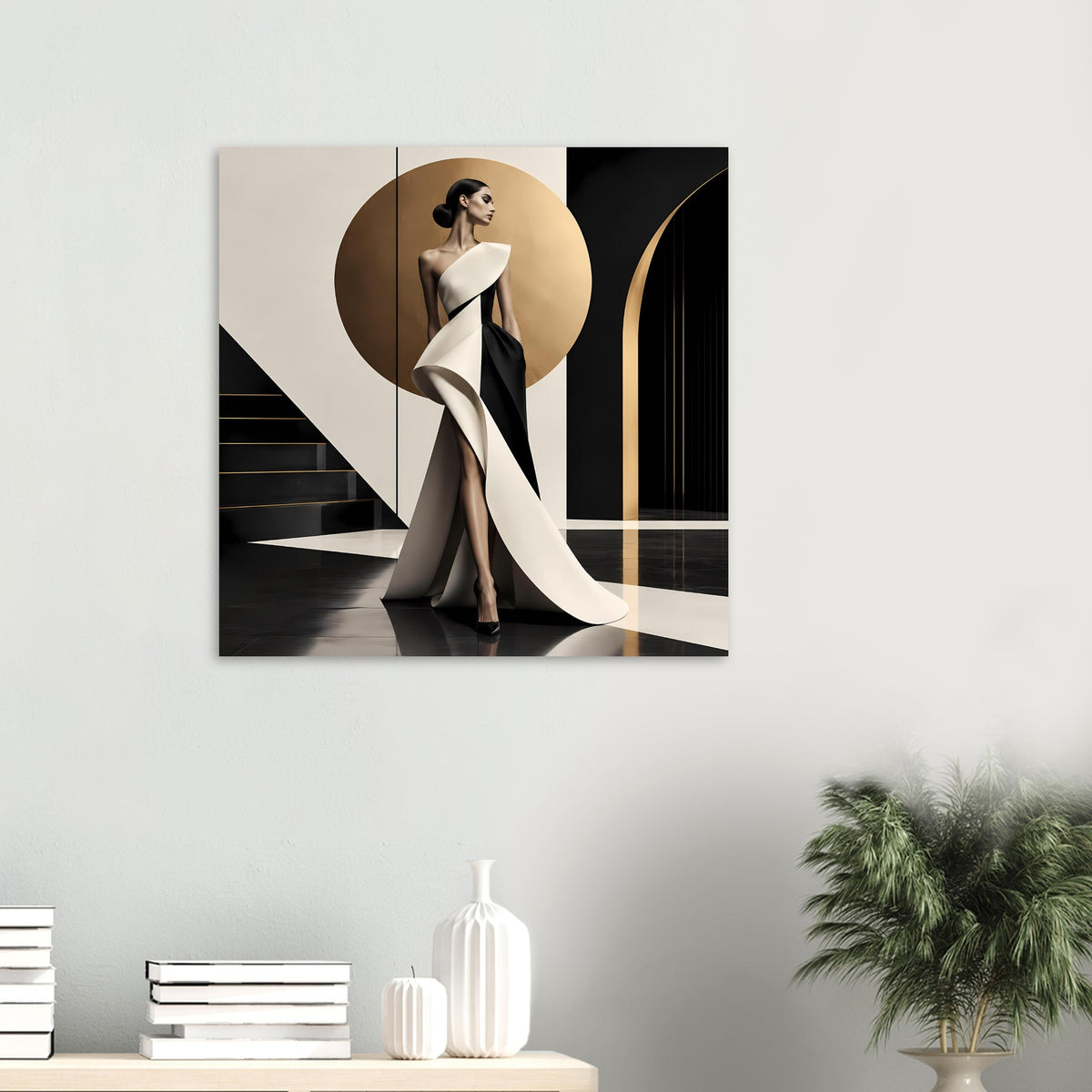 Fashion-Poster im Querformat mit Frau im Schwarz-Weiß-Look und wehender Stoffbahn