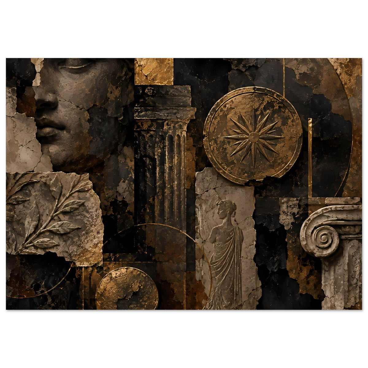 Wandposter mit antiker Reliefgrafik: Gesicht links, bronzene Kreisscheibe, Statue und Spiralornament