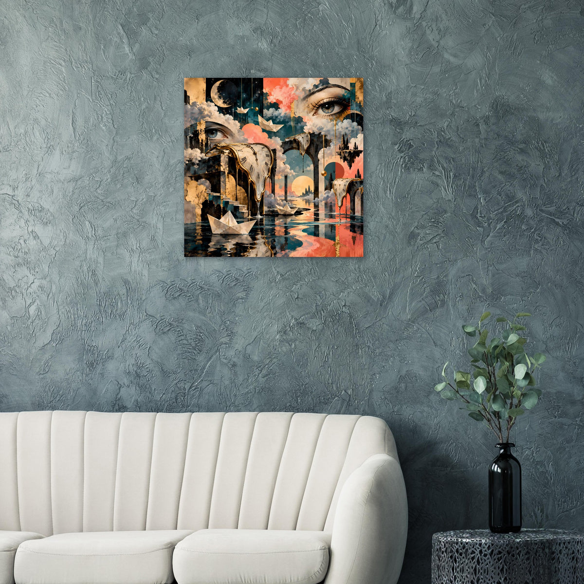 Quadratisches Surreal-Poster mit schmelzenden Uhren, großen Augen und einer Traumstadt