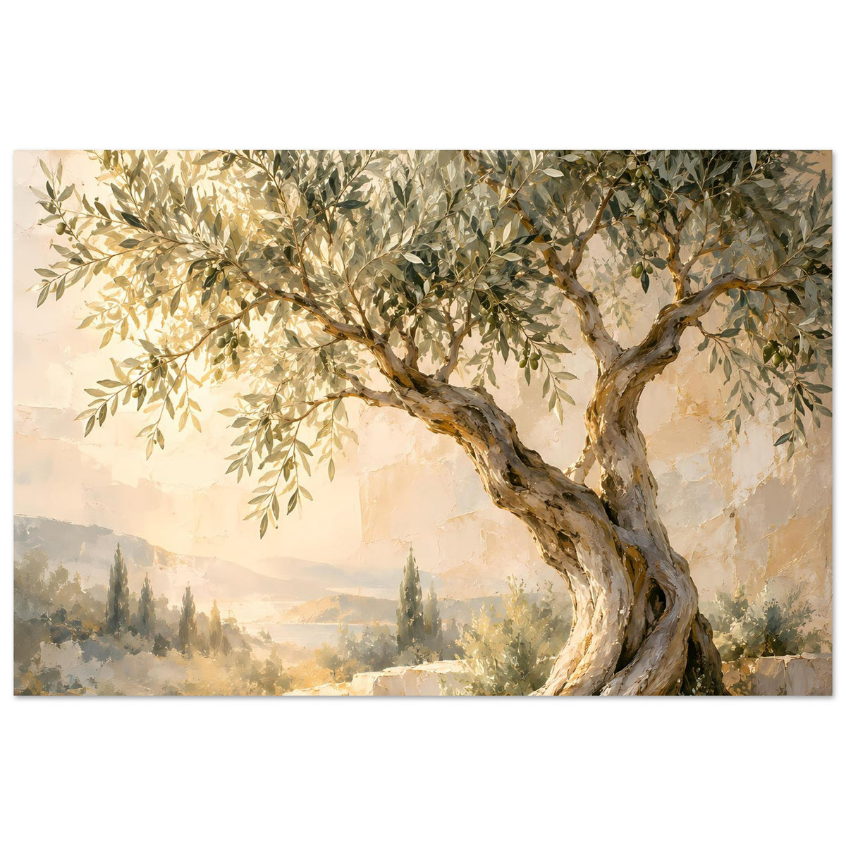 Landschaftsposter: Olivenbaum-Illustration mit dunklem Stamm und hellen Olivenblättern