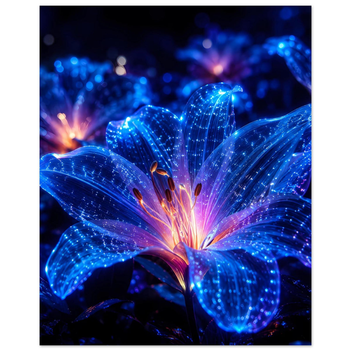 Blumenposter im Hochformat mit leuchtender blauer Blüte, violettem Schimmer und Funkeln