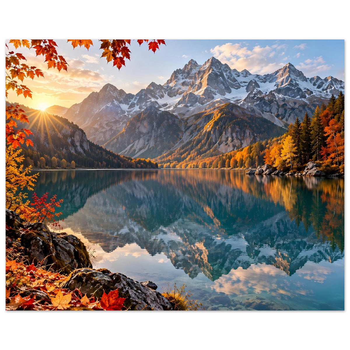 Herbstlandschafts-Poster (quer) mit Sonnenlicht, Bergen, spiegelndem See und Herbstwald