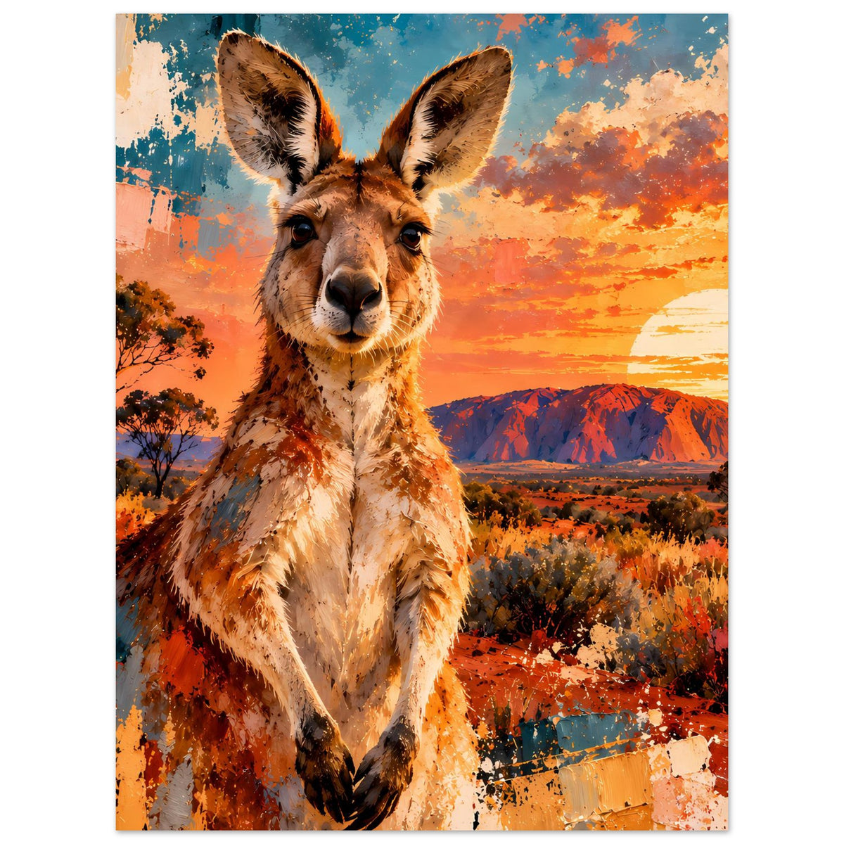 Poster mit Känguru bei Sonnenuntergang auf mattem Premium-Papier, hochkant