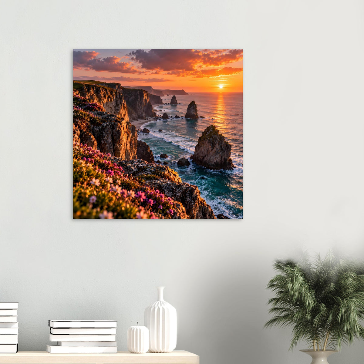 Gerahmtes Küsten-Sonnenuntergangs-Poster mit Felsklippen, Meer und Blüten, quadratisch