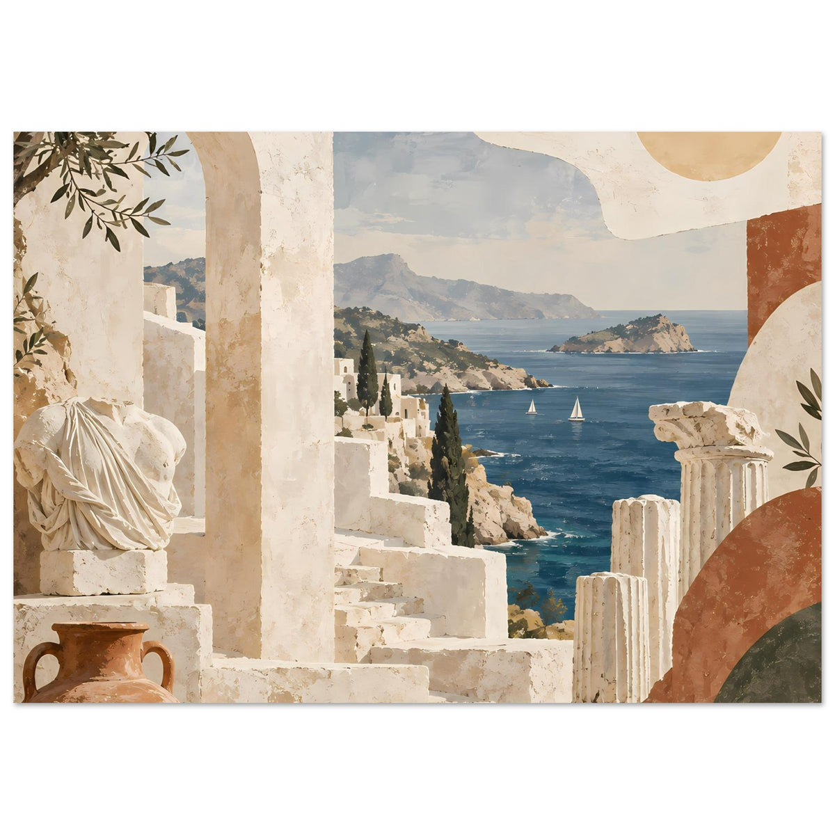 Urlaubs-Poster mit Meerblick und historischen Säulen, Terrassen, Felsinsel und Booten