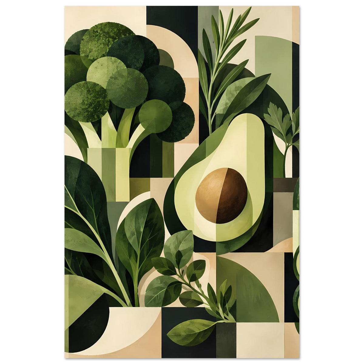Poster im Hochformat mit geometrischen Avocado- und Blattmotiven in Grün